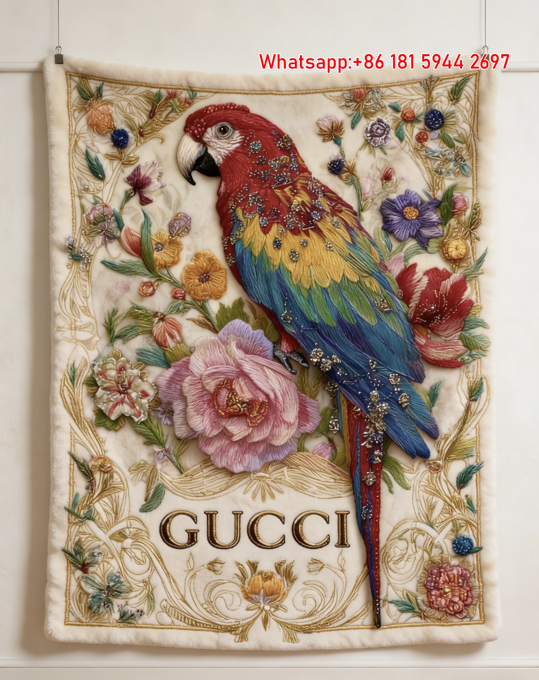 Gucci Gem-Embroidered Parrot throw  Blanket Luxury Rainbow Tapestry IMG_2773